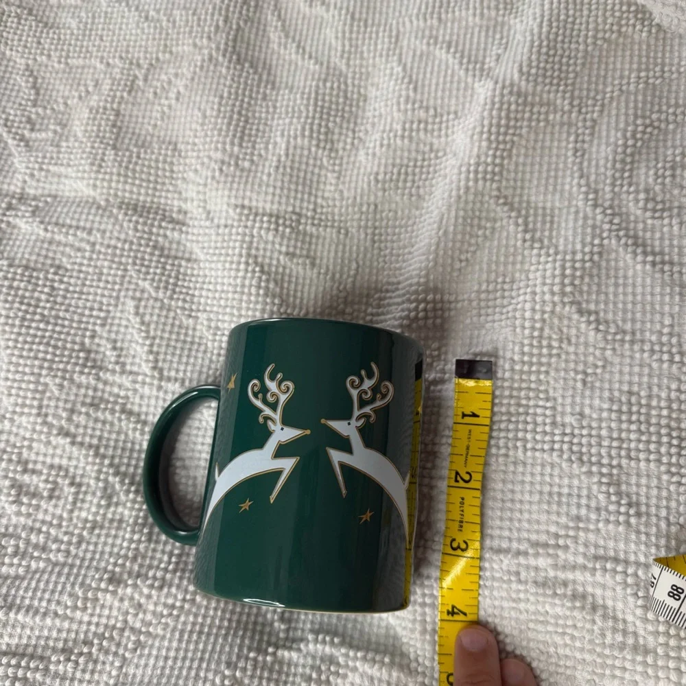 Pier 1 Imports Christmas Reindeer Coffee Mug Green Gold Holiday Ceramic 4in
